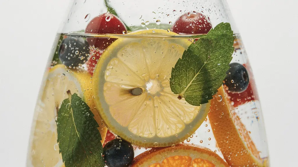 Dettaglio macro di fette di frutta e foglie di menta immerse in acqua limpida all'interno di un recipiente di vetro