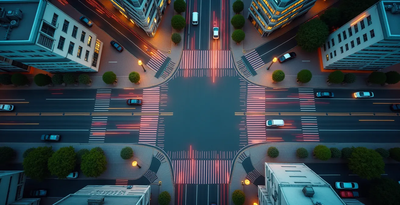 Vista aerea di un incrocio urbano con auto che seguono percorsi evidenziati da luci colorate