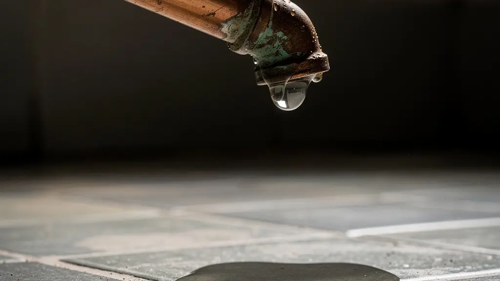 Goccia d'acqua che cade da una tubazione in rame corrosa in un ambiente domestico scarsamente illuminato