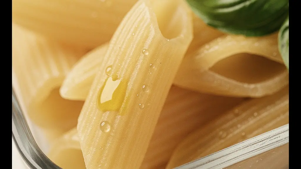 Dettaglio macro di pasta integrale raffreddata con goccioline di condensa, che mostra la texture della retrogradazione dell'amido