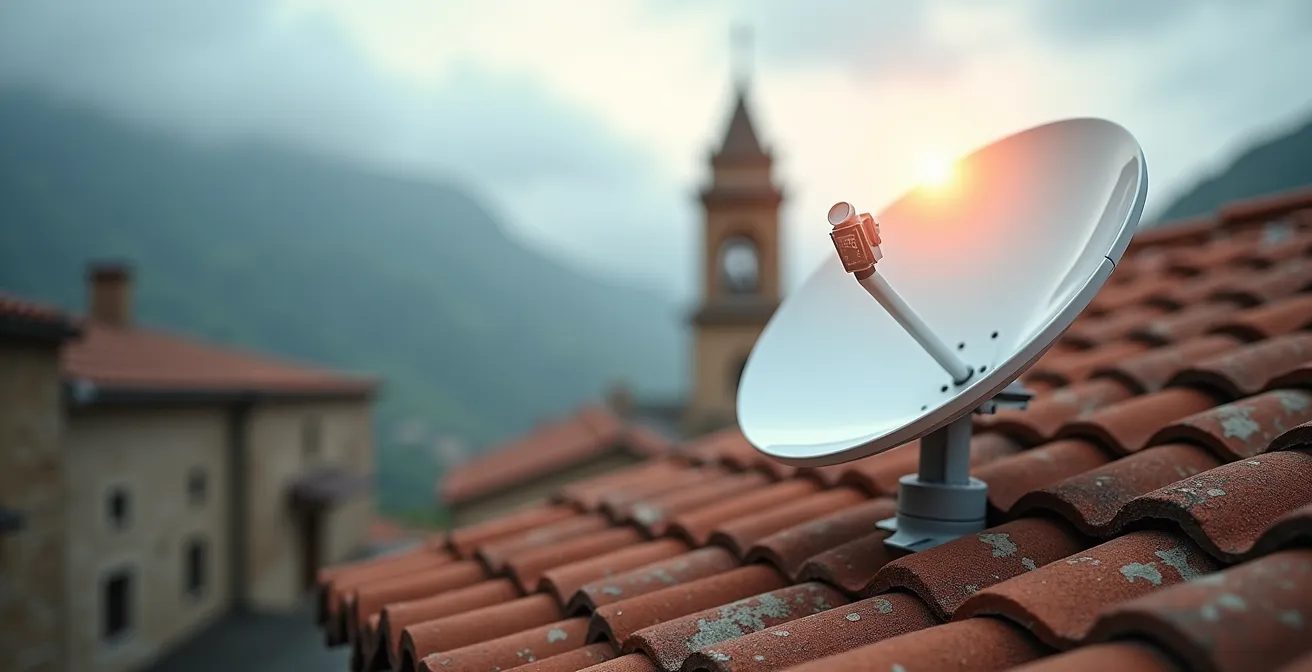 Antenna satellitare moderna installata su antico tetto in coppi di borgo medievale italiano