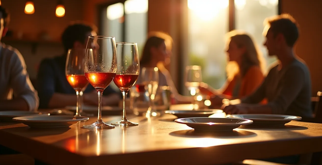 Tavolo con aperitivi italiani in ambiente accogliente con luci calde e persone sfocate in conversazione