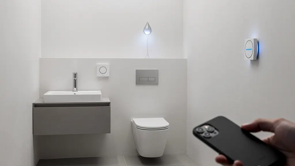 Mano che tiene smartphone con grafico consumi acqua mentre sensore rileva perdita nel bagno