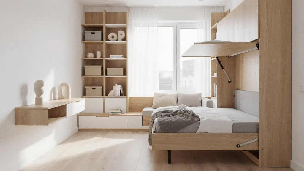 Vista d'insieme di un moderno monolocale di 40 metri quadri con mobili trasformabili e soluzioni salvaspazio intelligenti