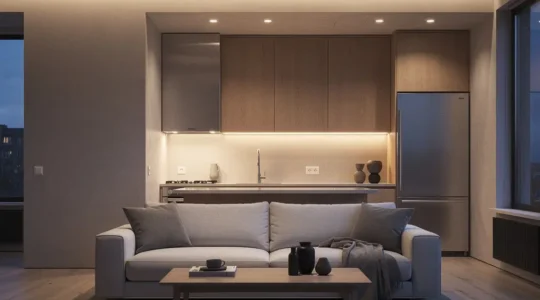 Interno di un appartamento moderno con illuminazione LED stratificata e calda, con ampio spazio libero nell'inquadratura.