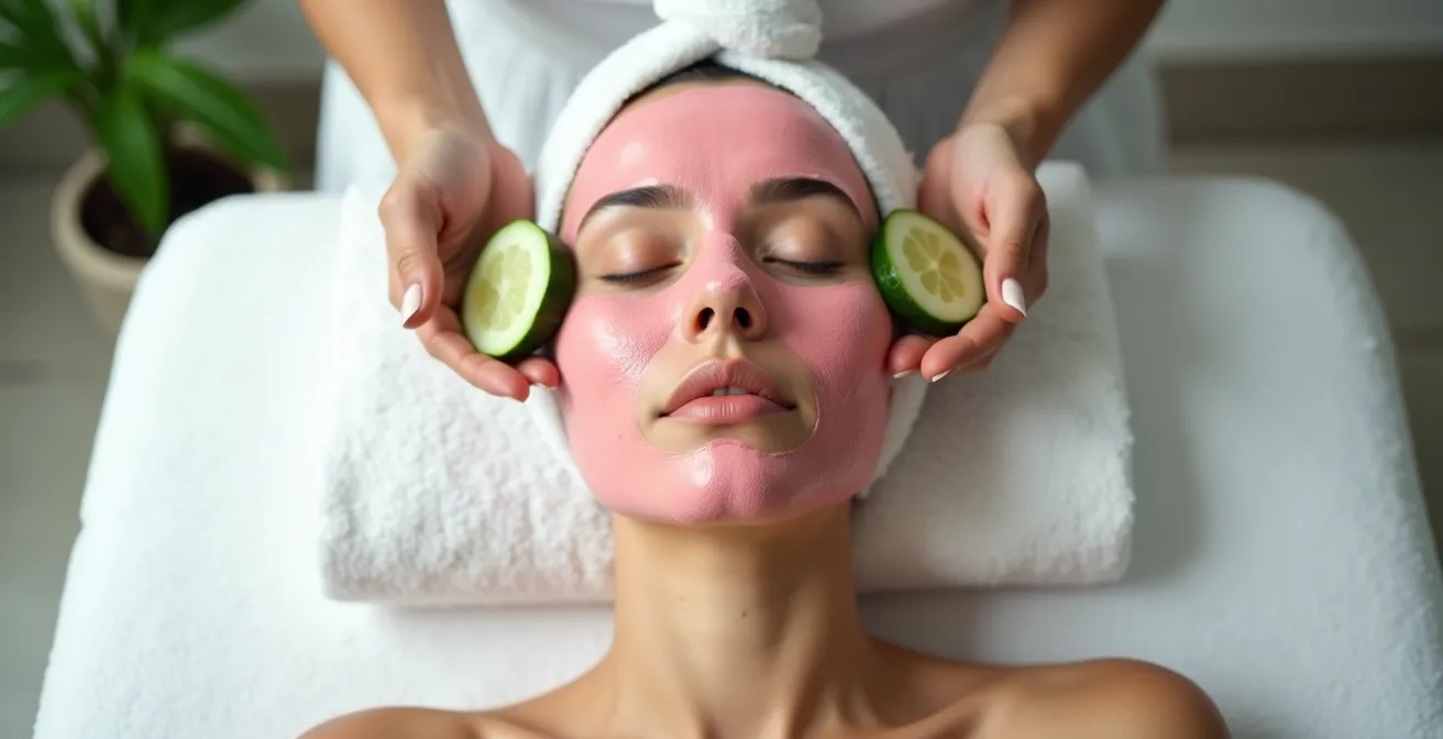 Vista dall'alto di viso con maschera all'argilla rosa applicata solo su fronte e naso