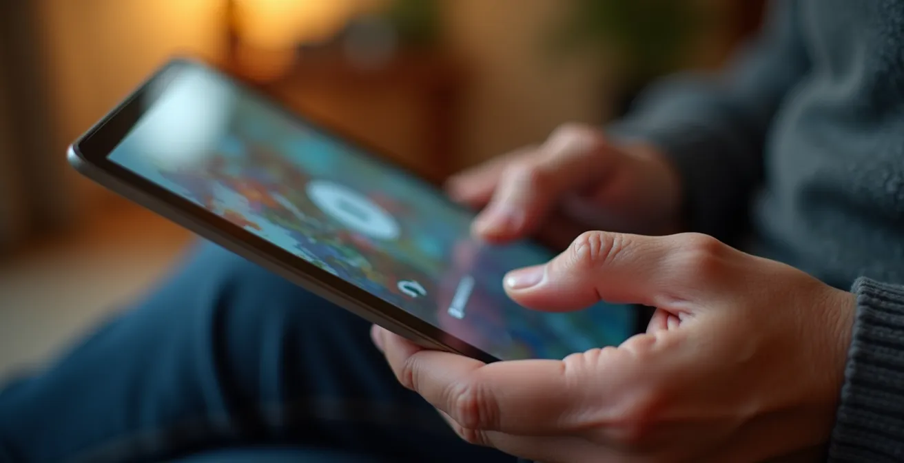 Persona over 50 che segue attentamente un tutorial su tablet in ambiente domestico