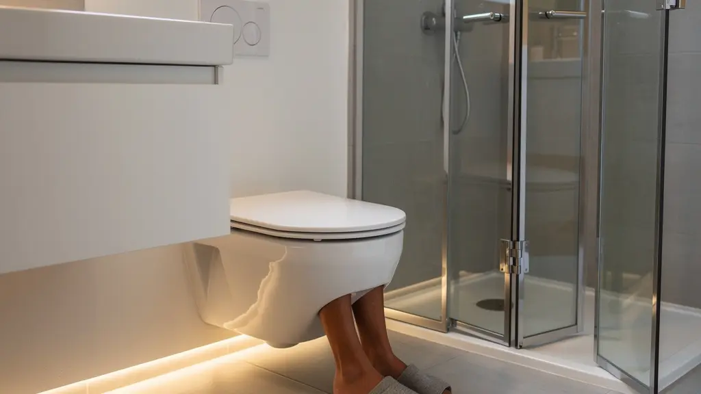 Bagno moderno con sanitari sospesi che mostra il pavimento continuo e l'ottimizzazione dello spazio con box doccia angolare