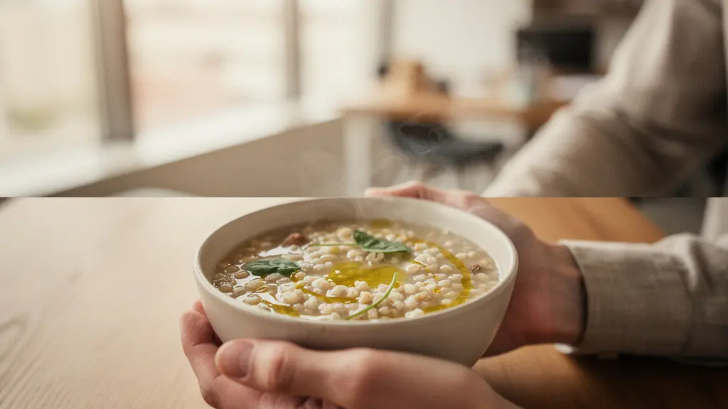 Ciotola di zuppa d'orzo e avena in un ambiente luminoso d'ufficio, evocando un pranzo salutare per il colesterolo