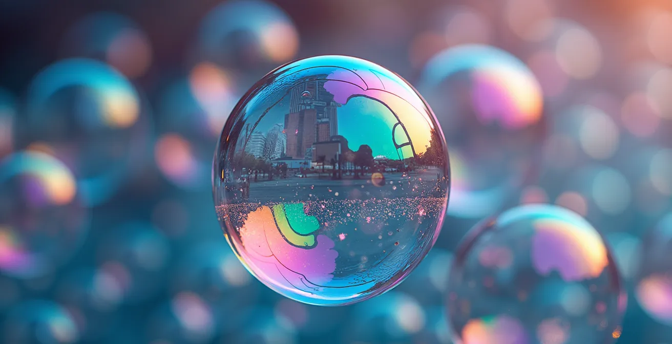 Vista macro di bolle di sapone iridescenti che riflettono frammenti di realtà diverse