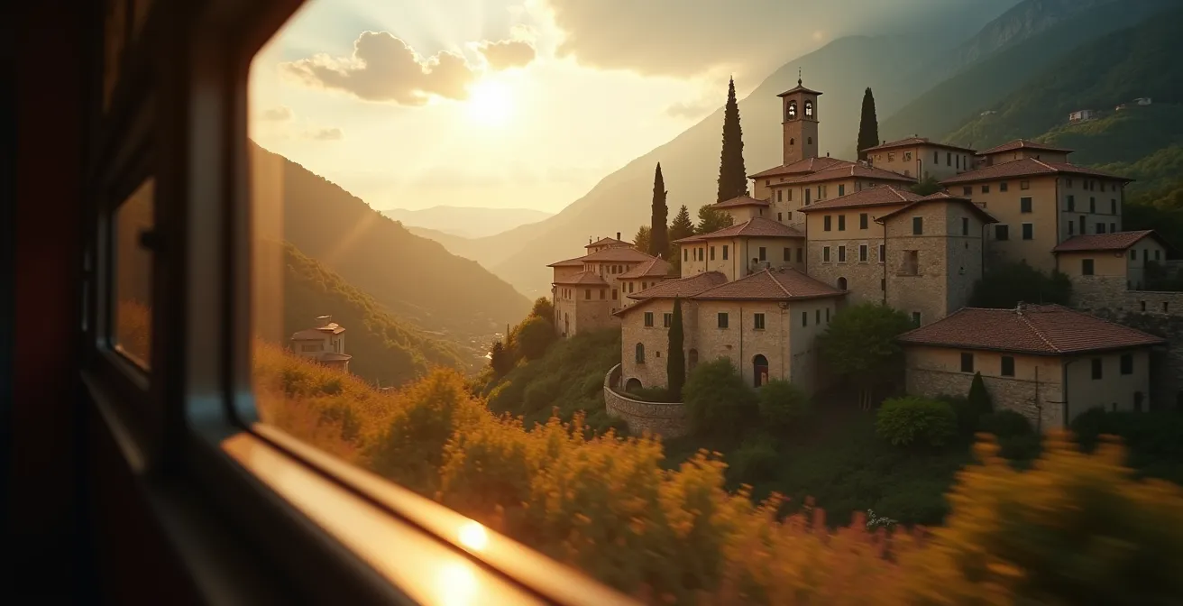 Vista panoramica di un borgo medievale italiano dal finestrino di un treno regionale