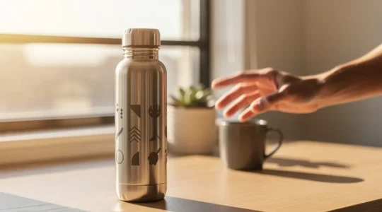 Borraccia in acciaio inossidabile su una scrivania da ufficio minimalista illuminata dalla luce naturale del mattino