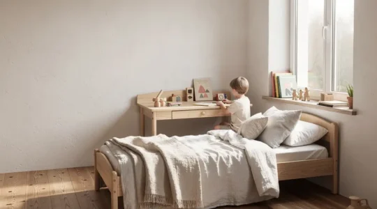 Camera per bambini luminosa con pavimento in legno massello e pareti traspiranti