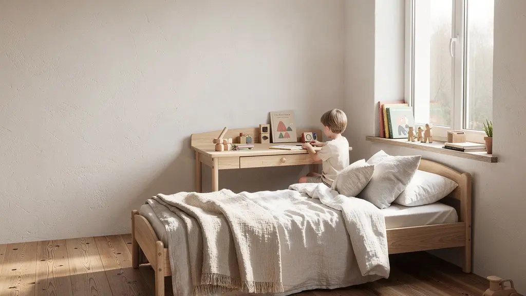 Camera per bambini luminosa con pavimento in legno massello e pareti traspiranti