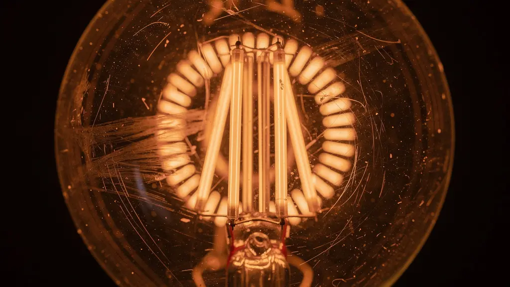 Dettaglio macro di una lampadina smart con filamenti LED visibili che emettono luce calda aranciata