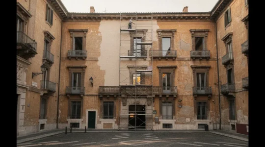 Facciata di un condominio storico italiano con dettagli architettonici e lavori di isolamento termico in corso