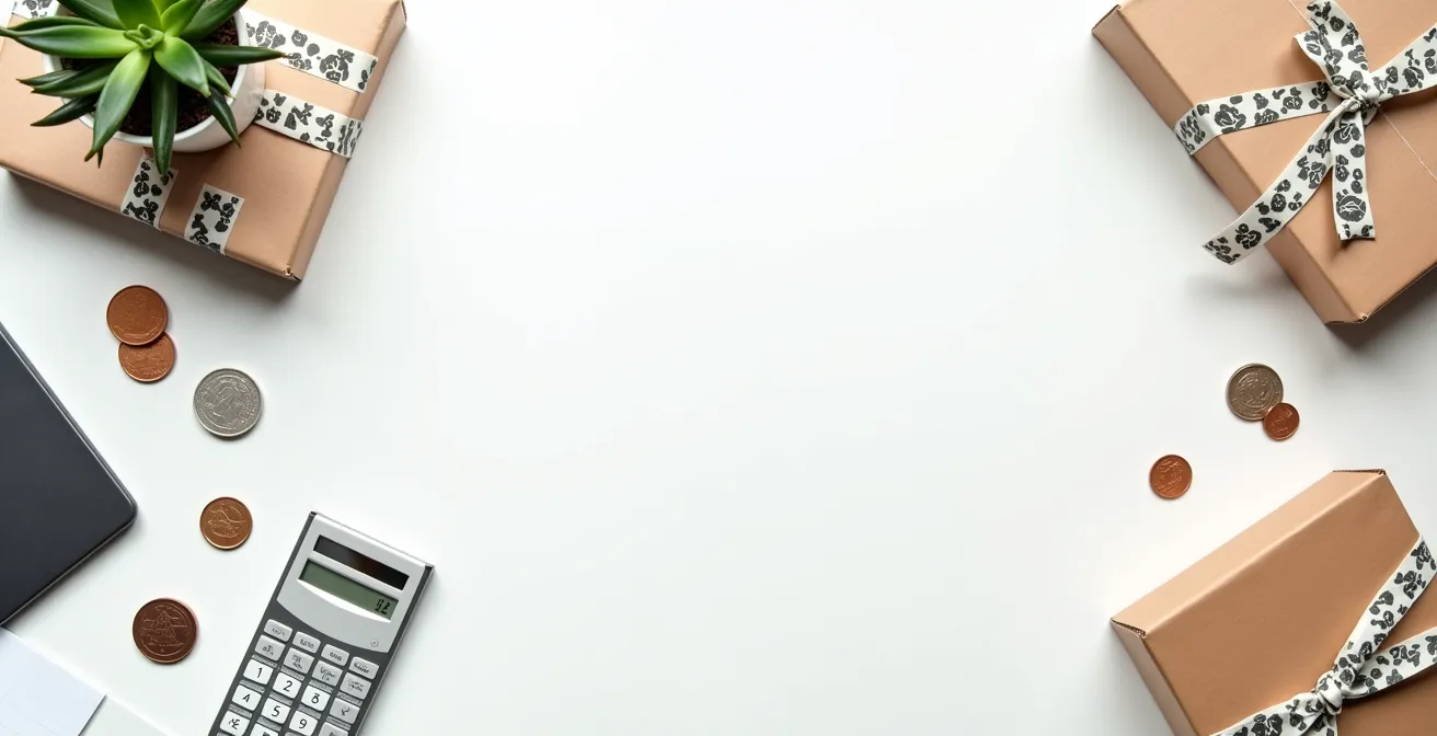 Vista dall'alto di un tavolo minimalista con calcolatrice, monete e pacchi per spedizione