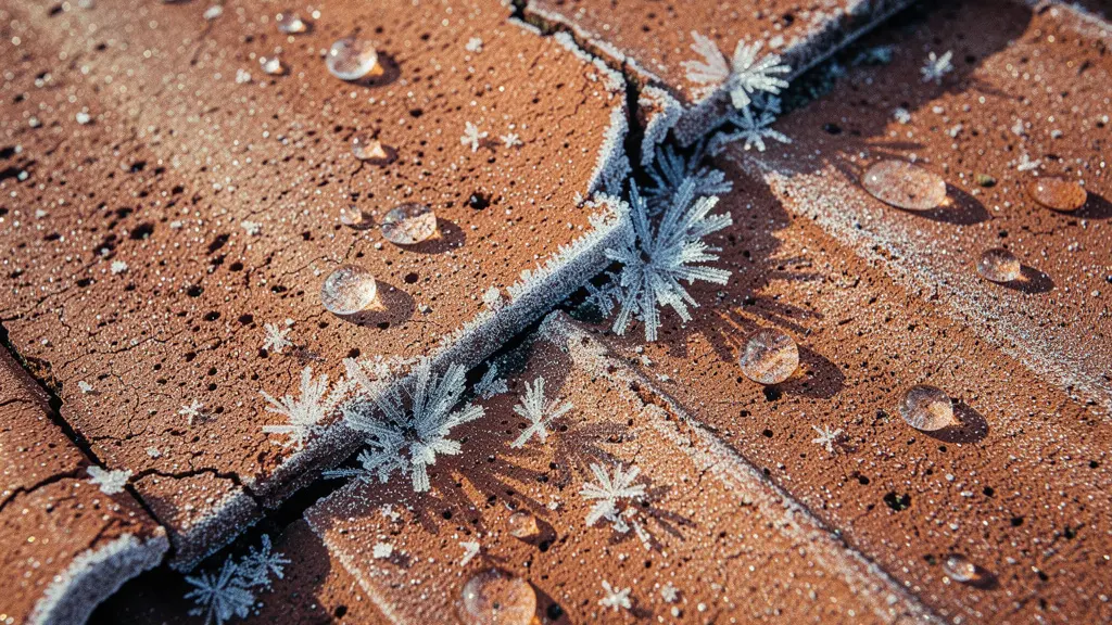 Dettaglio macro della superficie di una tegola in laterizio con micro-fratture causate dal ciclo gelo-disgelo