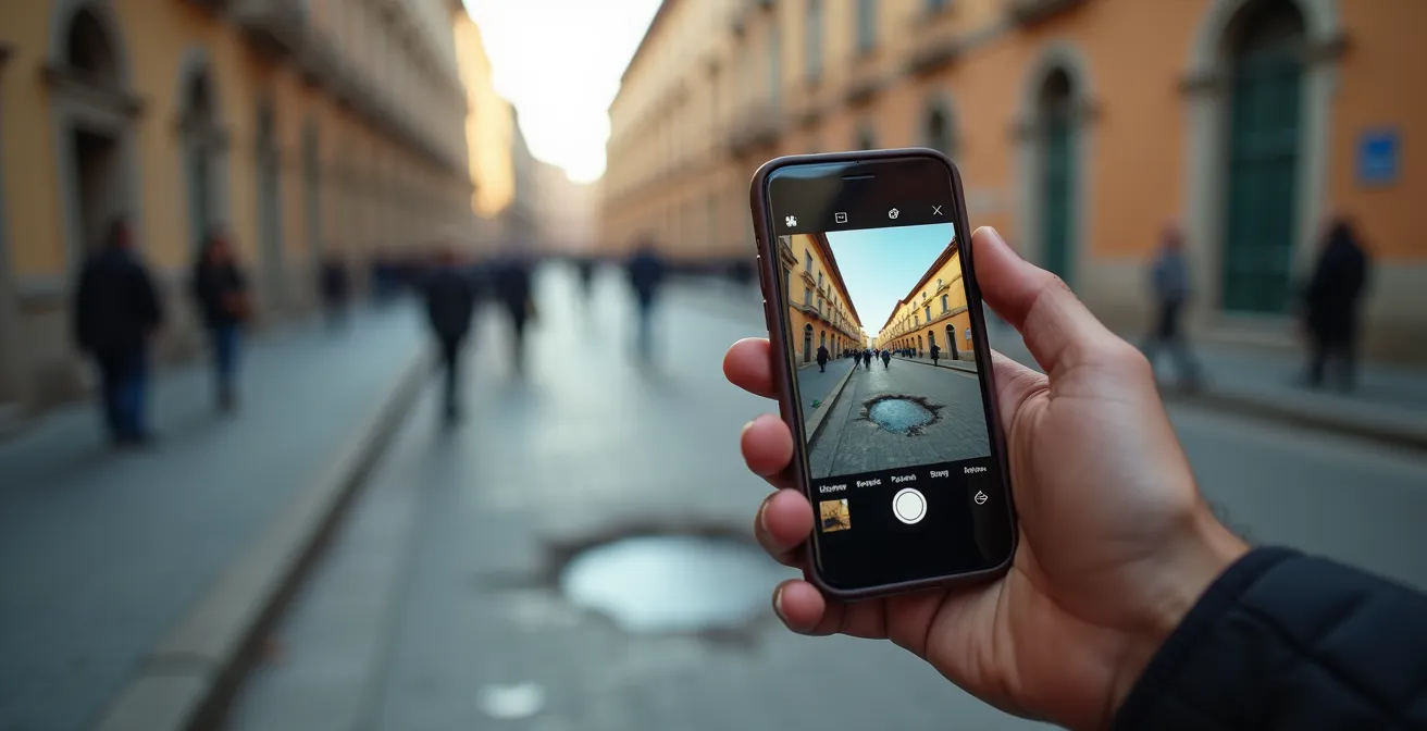 Mano che tiene smartphone con schermata sfocata mentre fotografa una buca stradale