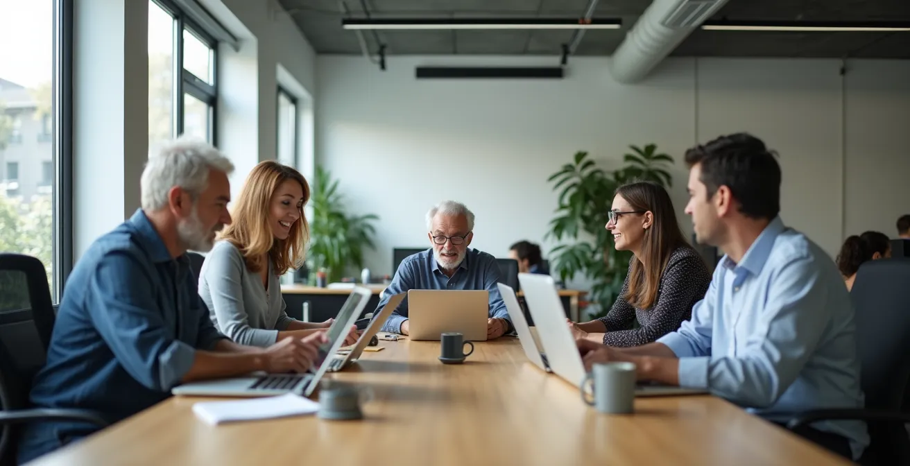 Team multigenerazionale che collabora su documenti digitali in ambiente professionale