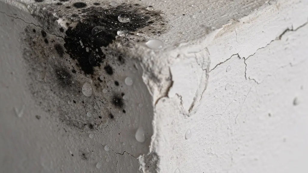 Dettaglio ravvicinato di condensa e muffa nera che si forma nell'angolo tra due pareti a causa di un ponte termico non corretto