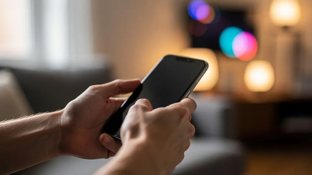 Mani che tengono uno smartphone con schermo sfocato, ambiente domestico con luci smart sullo sfondo