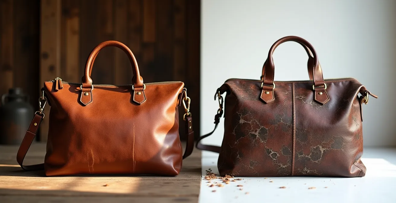 Confronto visivo tra borsa artigianale invecchiata con patina e borsa industriale usurata