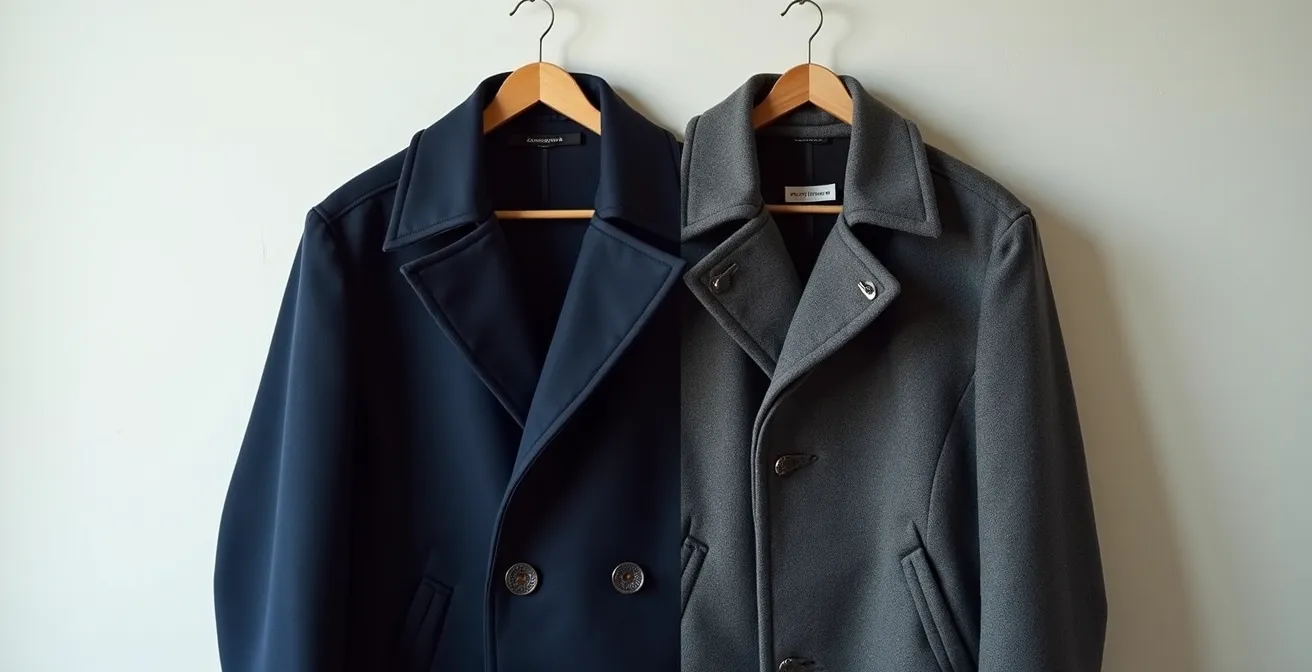 Due cappotti appesi, uno nuovo lussuoso e uno usurato economico dopo una stagione