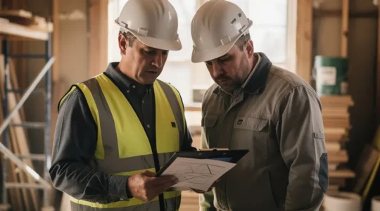 Ispettore comunale verifica documenti di cantiere con imprenditore edile