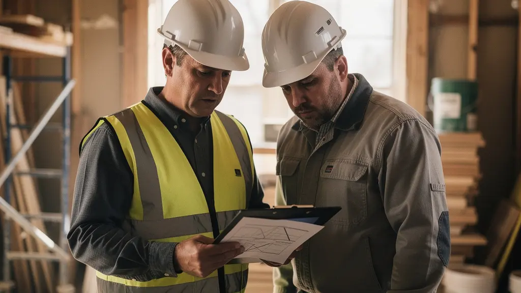 Ispettore comunale verifica documenti di cantiere con imprenditore edile