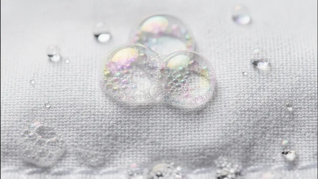 Primo piano macro di bolle di sapone e gocce d'acqua su tessuto di cotone, che evocano l'efficacia del lavaggio a basse temperature