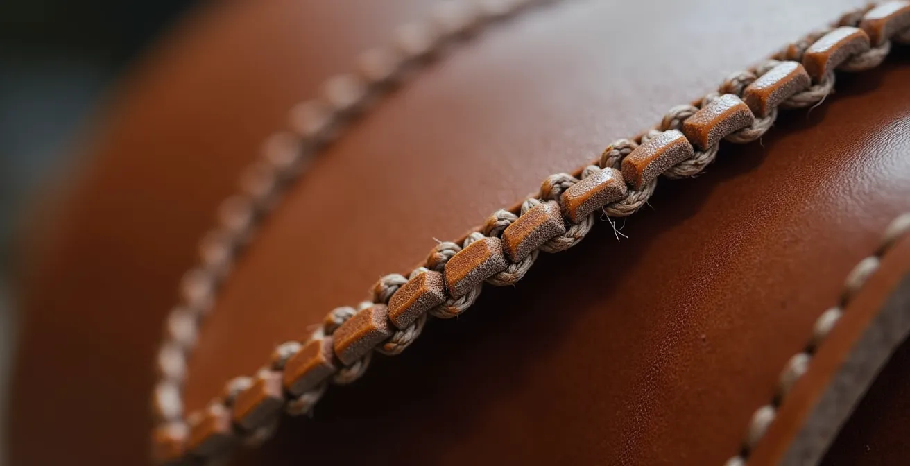 Primo piano di cucitura a mano con punto sellaio su pelle italiana