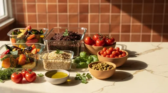 Preparazione settimanale di pasti mediterranei con contenitori di vetro, verdure fresche e olio extravergine su un piano di lavoro in cucina