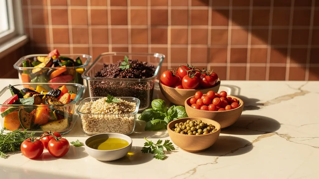 Preparazione settimanale di pasti mediterranei con contenitori di vetro, verdure fresche e olio extravergine su un piano di lavoro in cucina