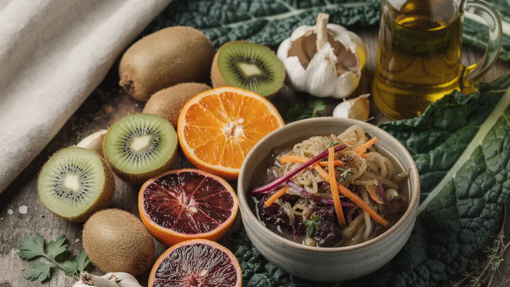 Composizione di frutta e verdura autunnale di stagione con kiwi, agrumi e verdure a foglia verde su piano in legno naturale, luce calda del mattino