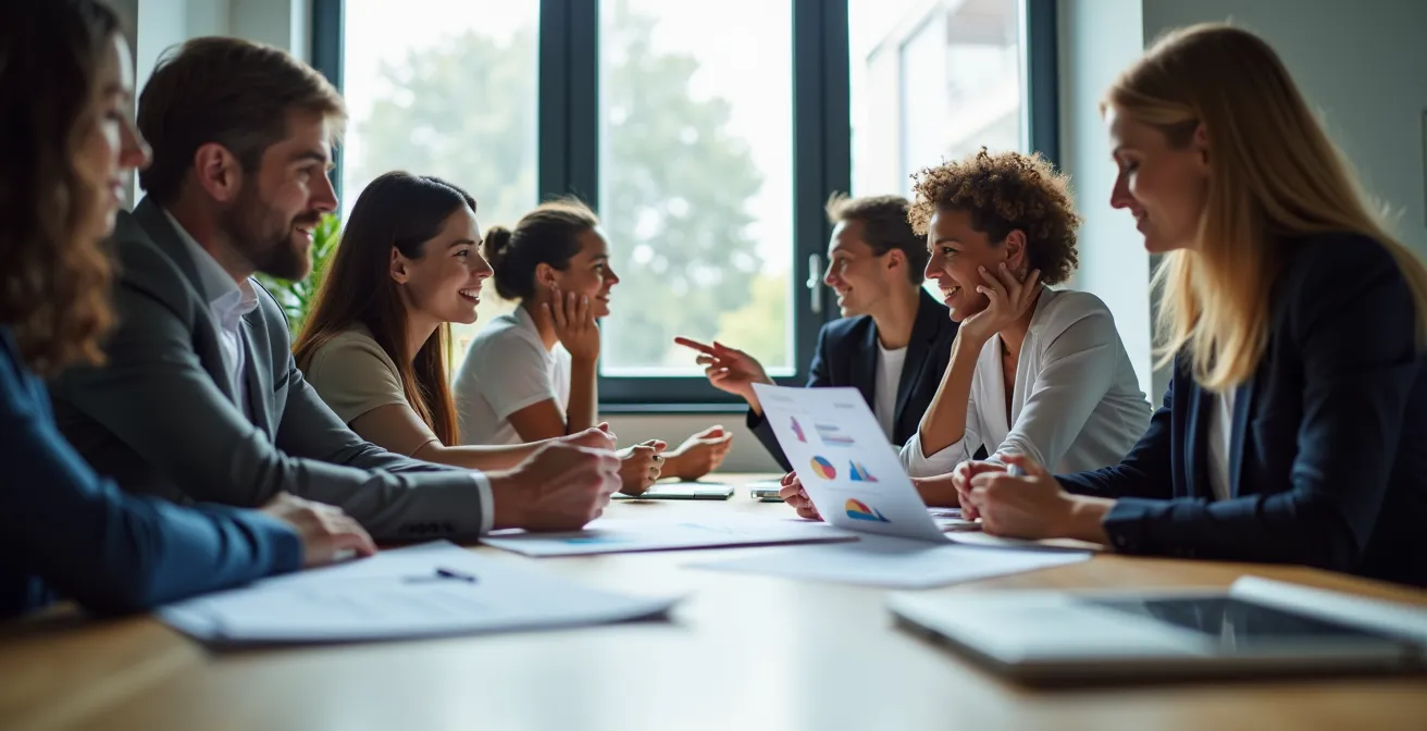 Team multidisciplinare in riunione con diversi background professionali rappresentati simbolicamente