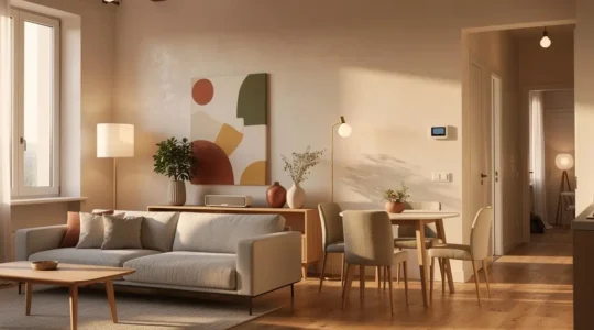 Vista panoramica di un trilocale moderno con dispositivi smart integrati nell'arredamento, illuminazione intelligente e atmosfera accogliente