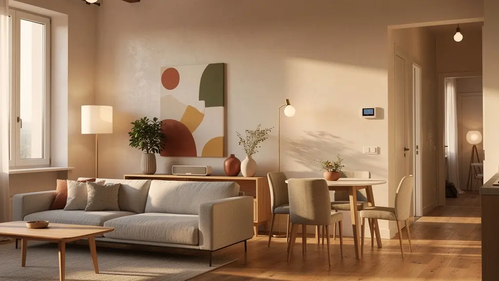 Vista panoramica di un trilocale moderno con dispositivi smart integrati nell'arredamento, illuminazione intelligente e atmosfera accogliente