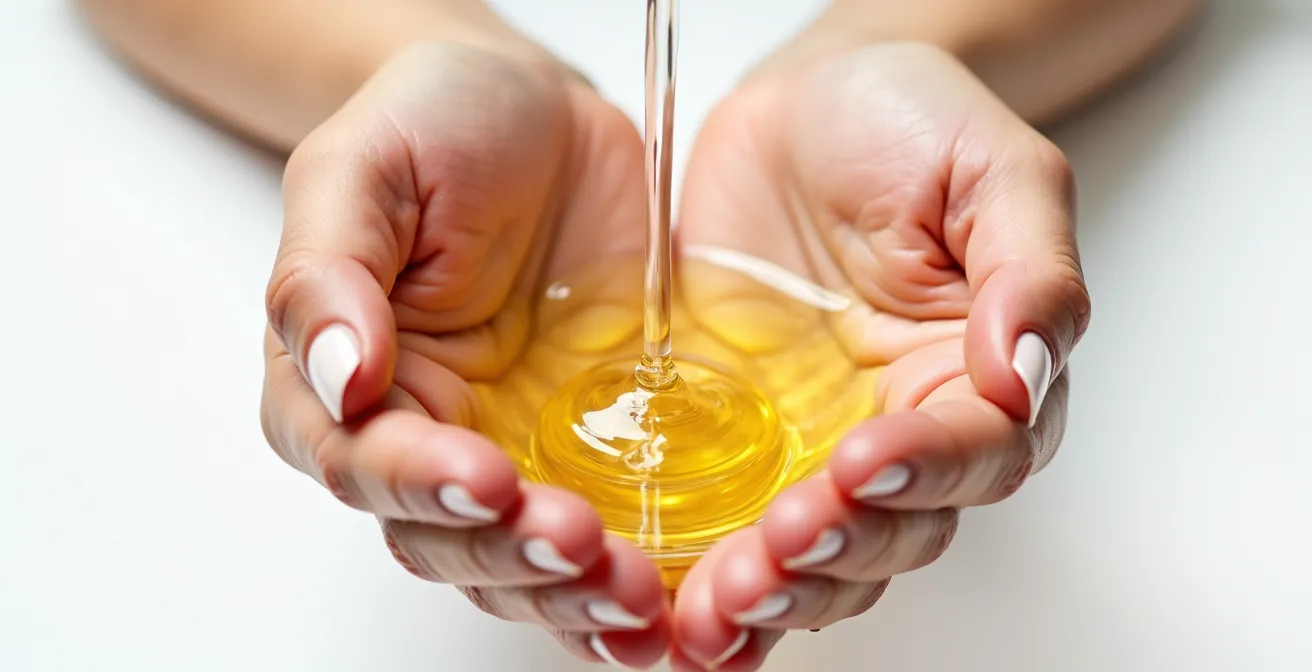 Mani femminili che emulsionano olio detergente su palmo con texture visibile