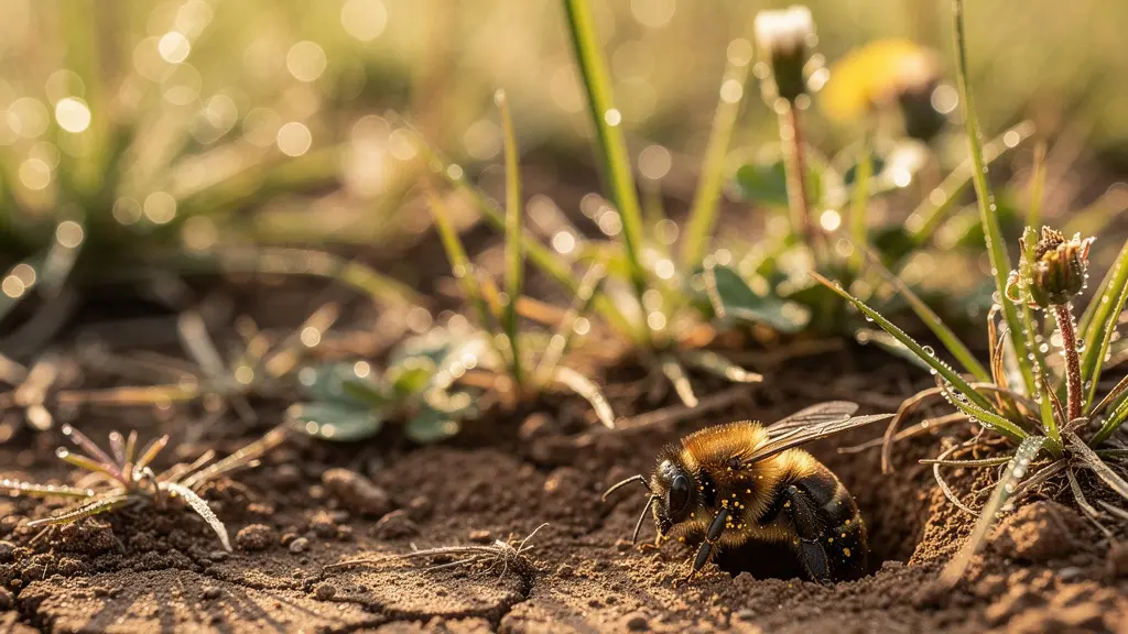Dettaglio macro di un'ape solitaria selvatica che entra in un piccolo nido scavato nel terreno nudo al bordo di un prato fiorito