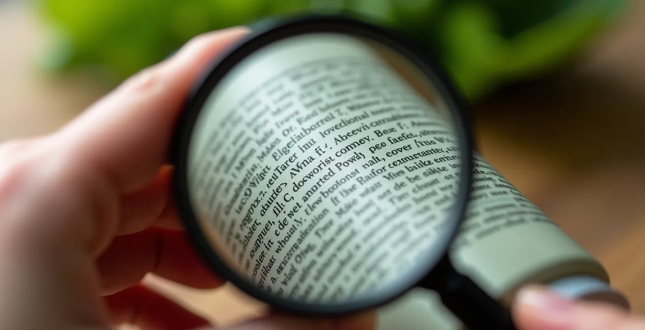 Mano che tiene una lente d'ingrandimento su etichetta cosmetica per leggere ingredienti INCI