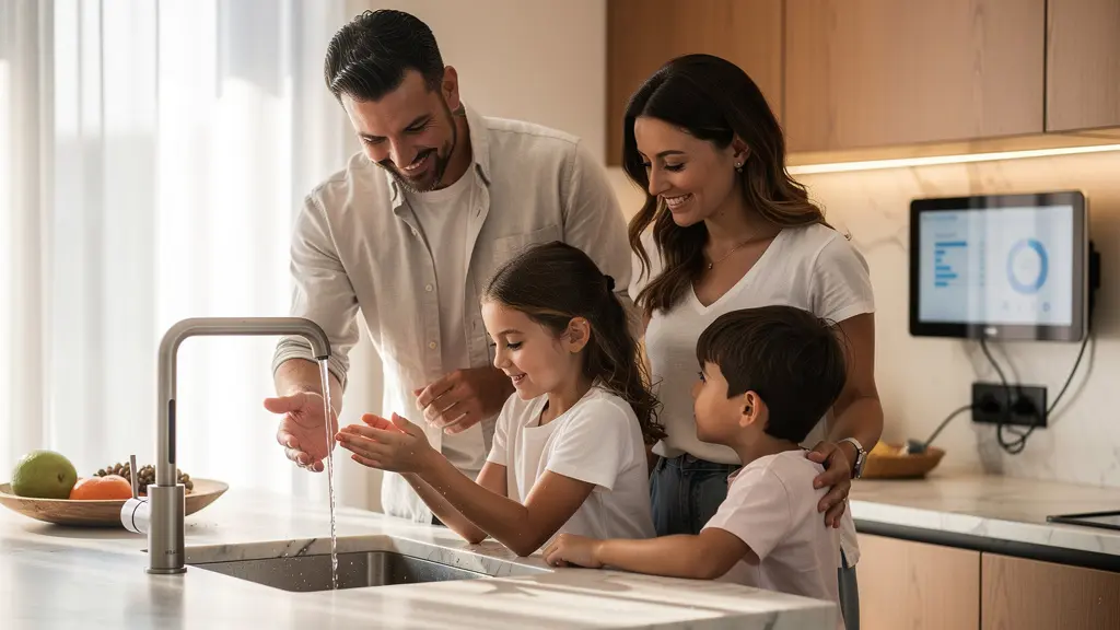 Famiglia italiana utilizza tecnologie smart per risparmiare acqua in una casa moderna con domotica