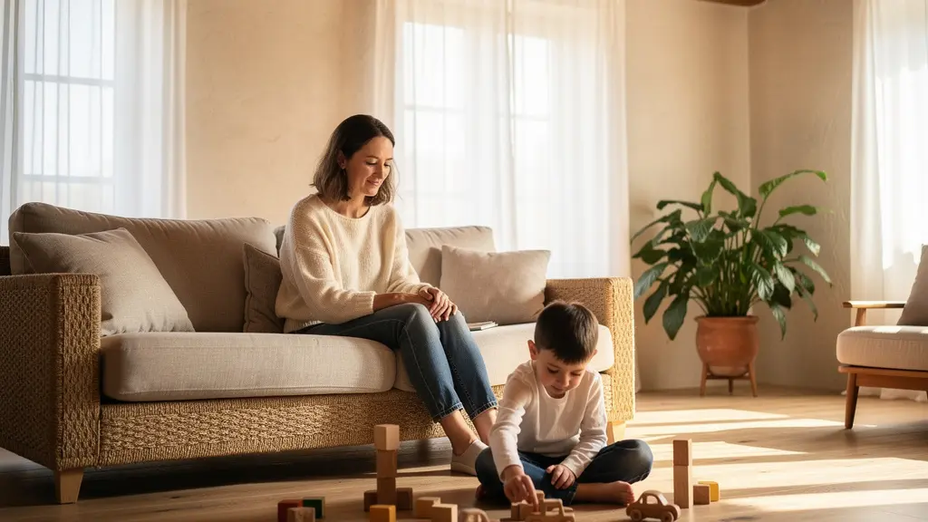Famiglia rilassata in ambiente domestico naturale e luminoso