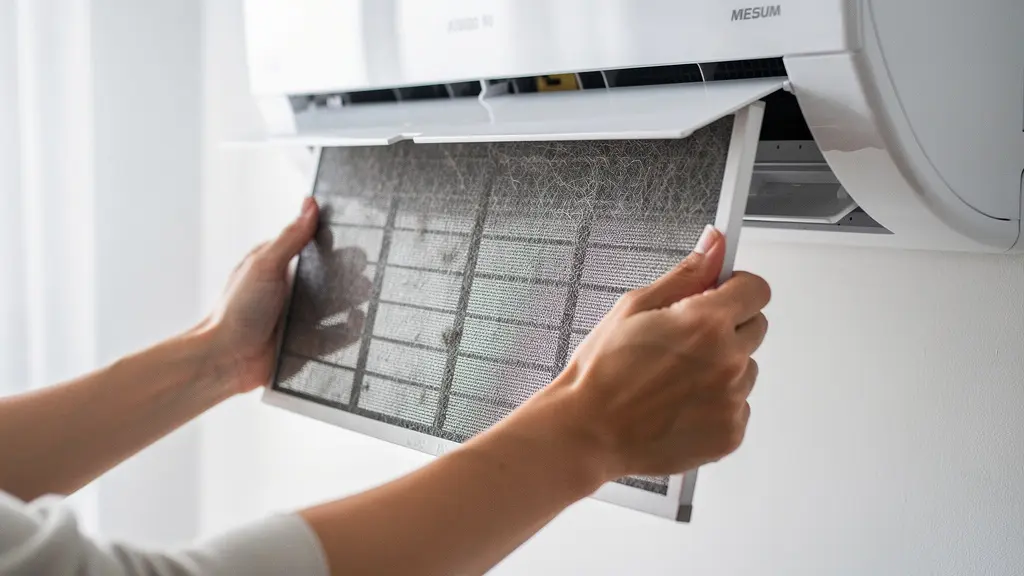 Primo piano di una mano che estrae delicatamente un filtro di un climatizzatore per la pulizia, illustrando la manutenzione domestica per l'efficienza energetica
