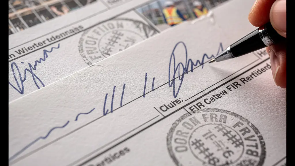 Dettaglio macro di documenti FIR con firme e timbri sfocati