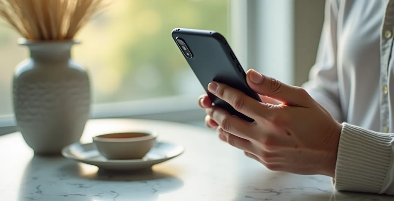 Close-up di mani che tengono uno smartphone in modalità fotocamera con setup fotografico minimalista