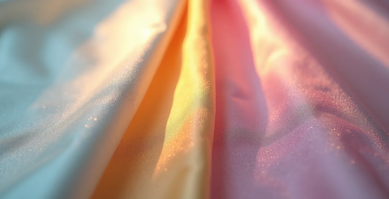 Dettaglio macro di tessuti di seta e poliestere con riflessi di luce