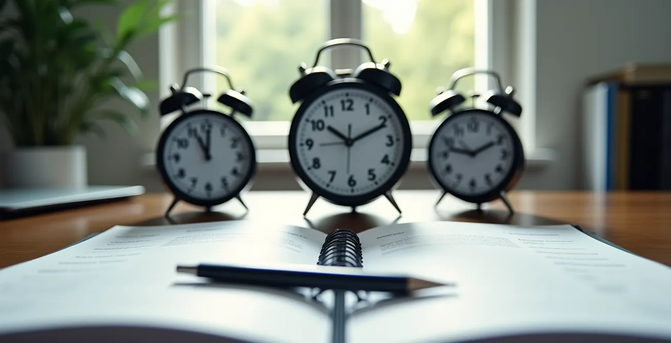 Workspace con orologi mondiali e calendario digitale sfocato per pianificazione asincrona