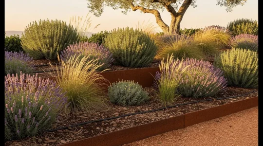 Giardino mediterraneo rigoglioso con piante autoctone e sistemi di irrigazione integrati