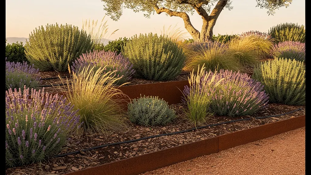 Giardino mediterraneo rigoglioso con piante autoctone e sistemi di irrigazione integrati